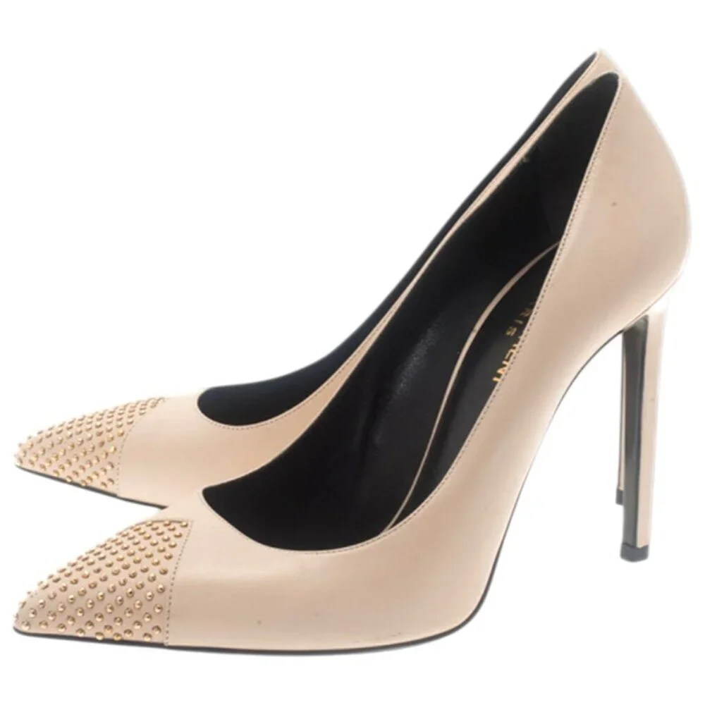 Saint Laurent Paris Beige Studded Cap Toe Pumps Size ysl 39EU - Picture 1 of 11